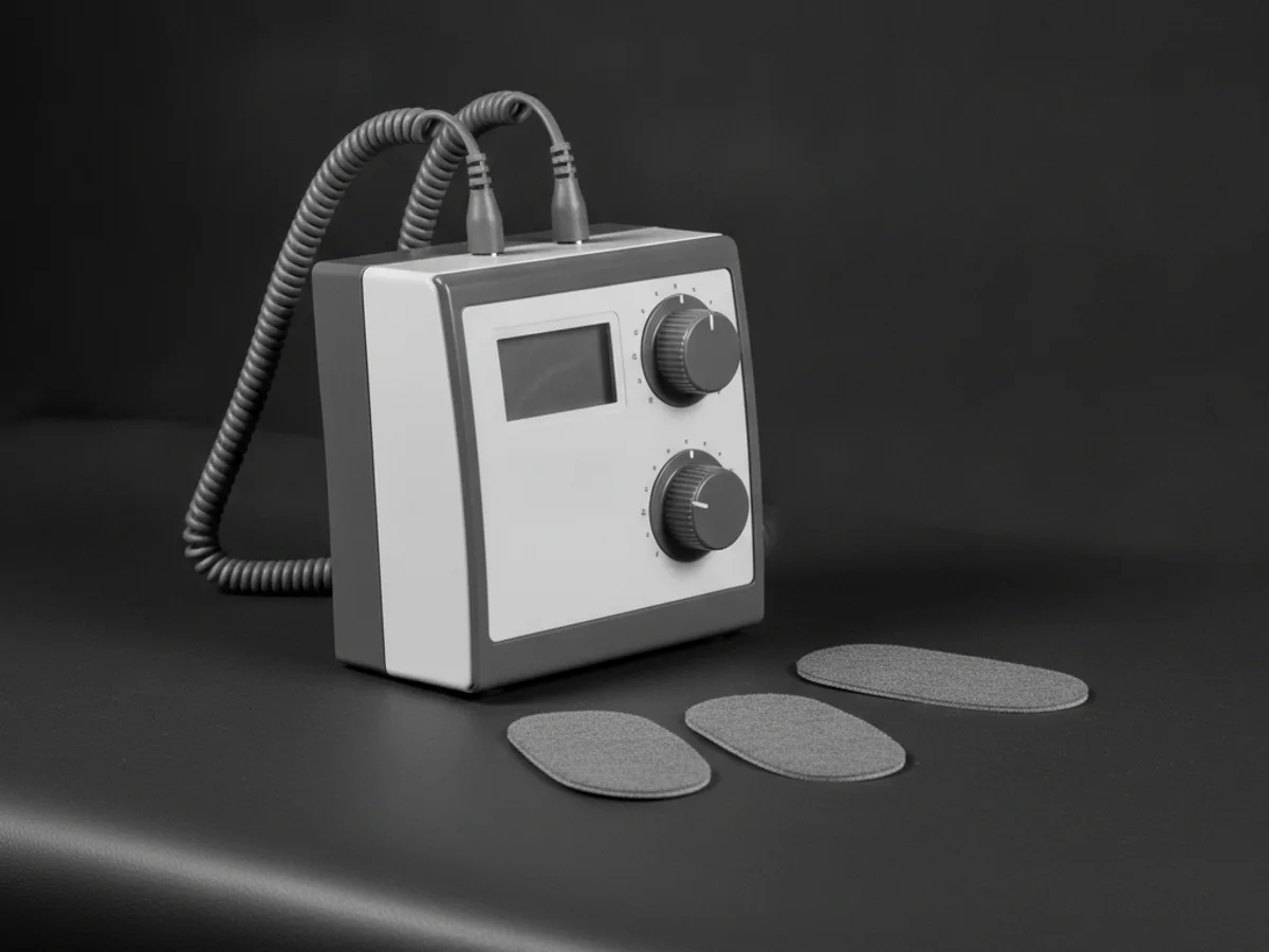 Elektrotherapiegerät mit Elektrodenpads auf der Behandlungsliege